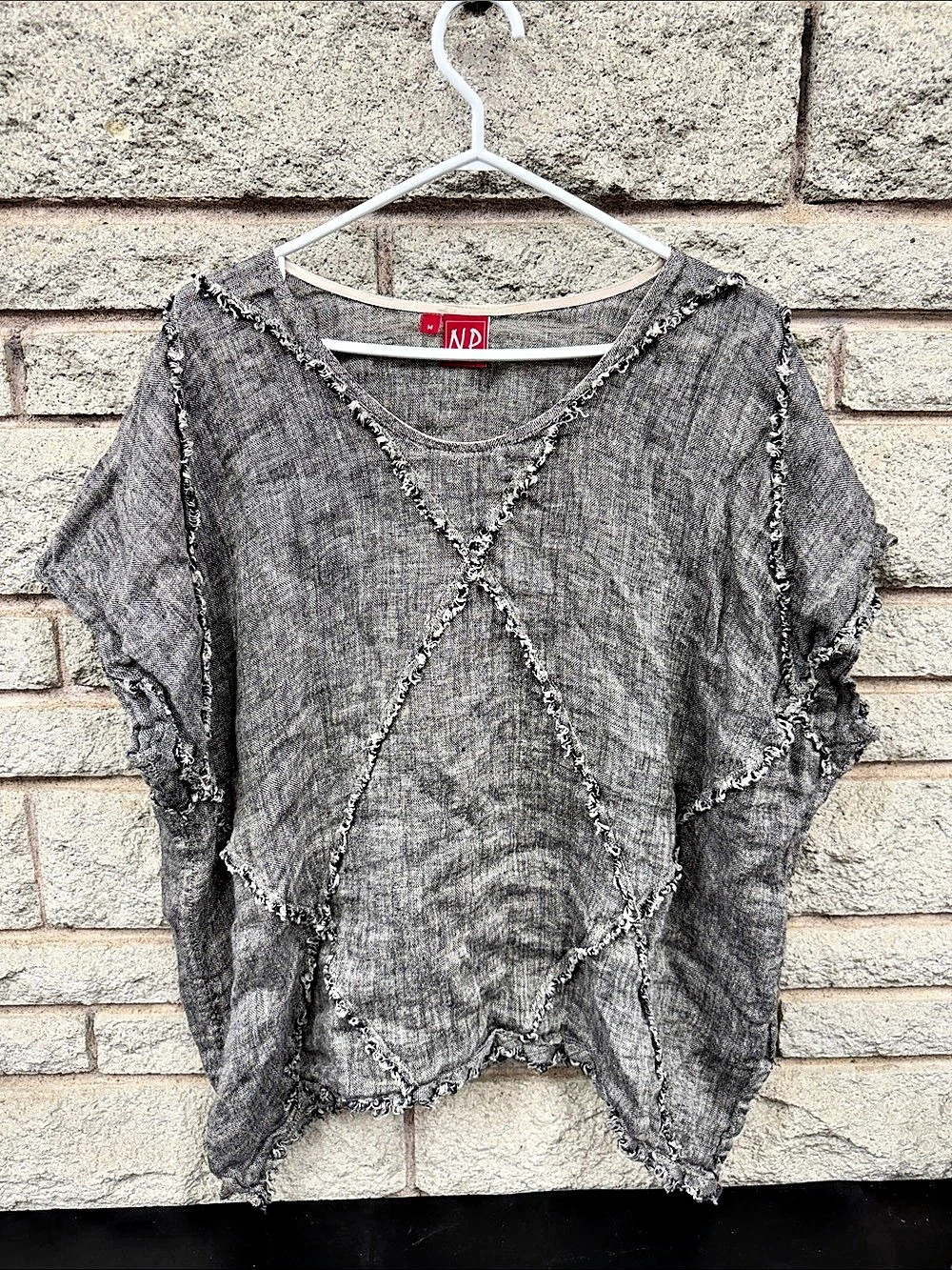 N.P. Handmade Poland 100% Linen Lagenlook Patchwork Frayed Tunic Oversized M